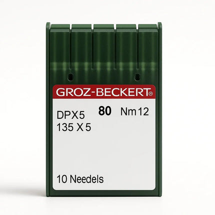 Aguja Industrial DPX5 65 - Telas Delicadas en estuche verde Groz-Beckert, ideal para costura precisa en tejidos finos. Contiene 10 agujas Nm12.