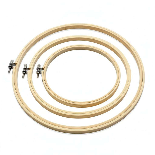 Set de bastidores de bambú para bordado, incluye aro N°11 de 30cm ideal para arte textil monumental. Tiendas Lupe, calidad museo internacional.