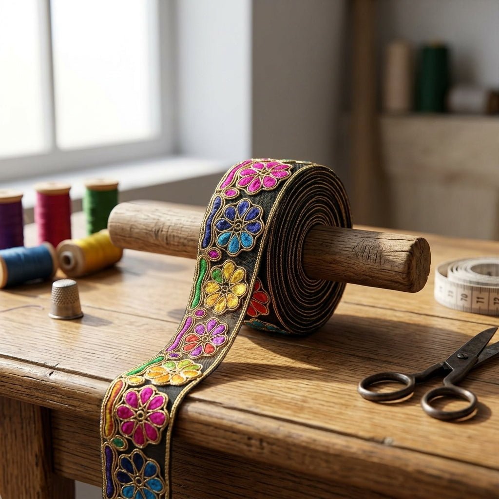 Pasamanería Floreada Multicolor con Detalles Dorados x Metro